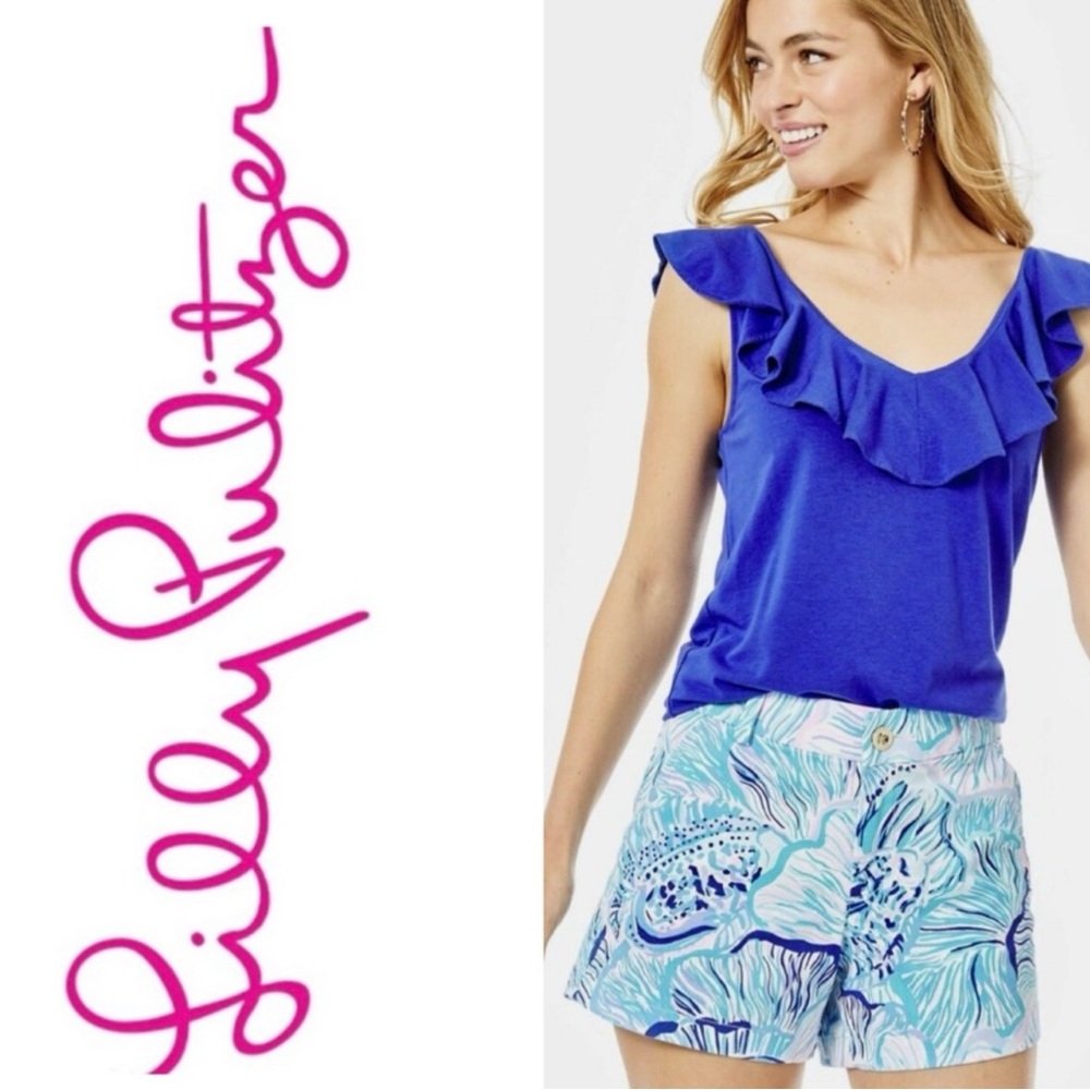 Lilly Pulitzer Cobalt Ruffle Top with Tropical Shorts